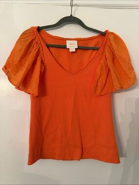 Anthropologie Maeve Tangerine V-Neck Flutter Sleeve M